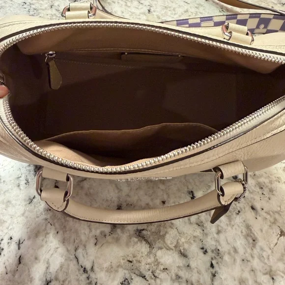 COACH Cream Leather Satchel with Lavender Checker Strap and Card Case
